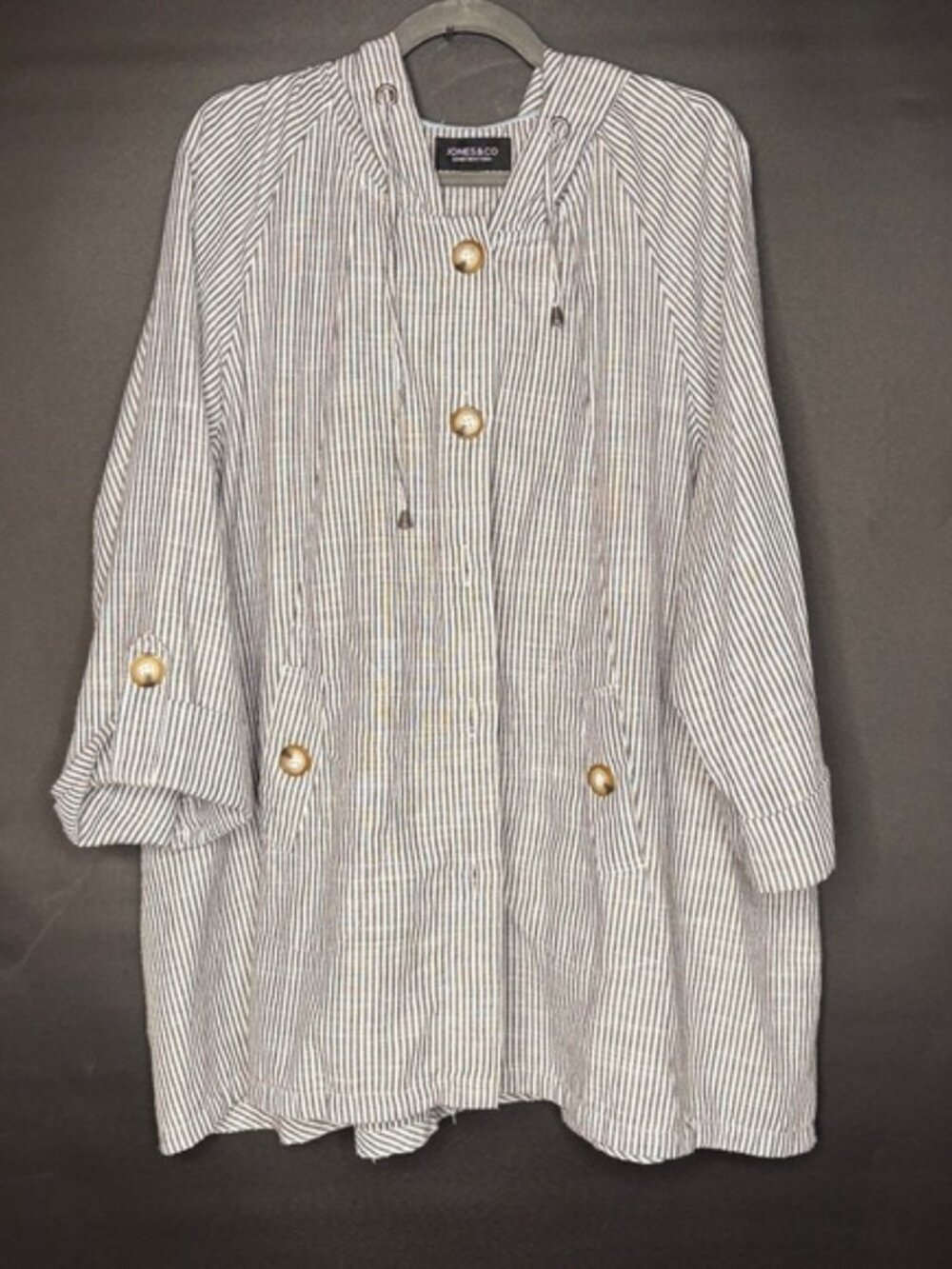 Jones New York Linen Blend Hooded Striped Swing Jacket Size 3X Black & White